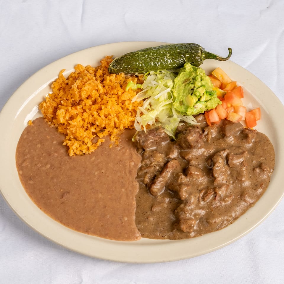 Carne guisada plate viewed from above.